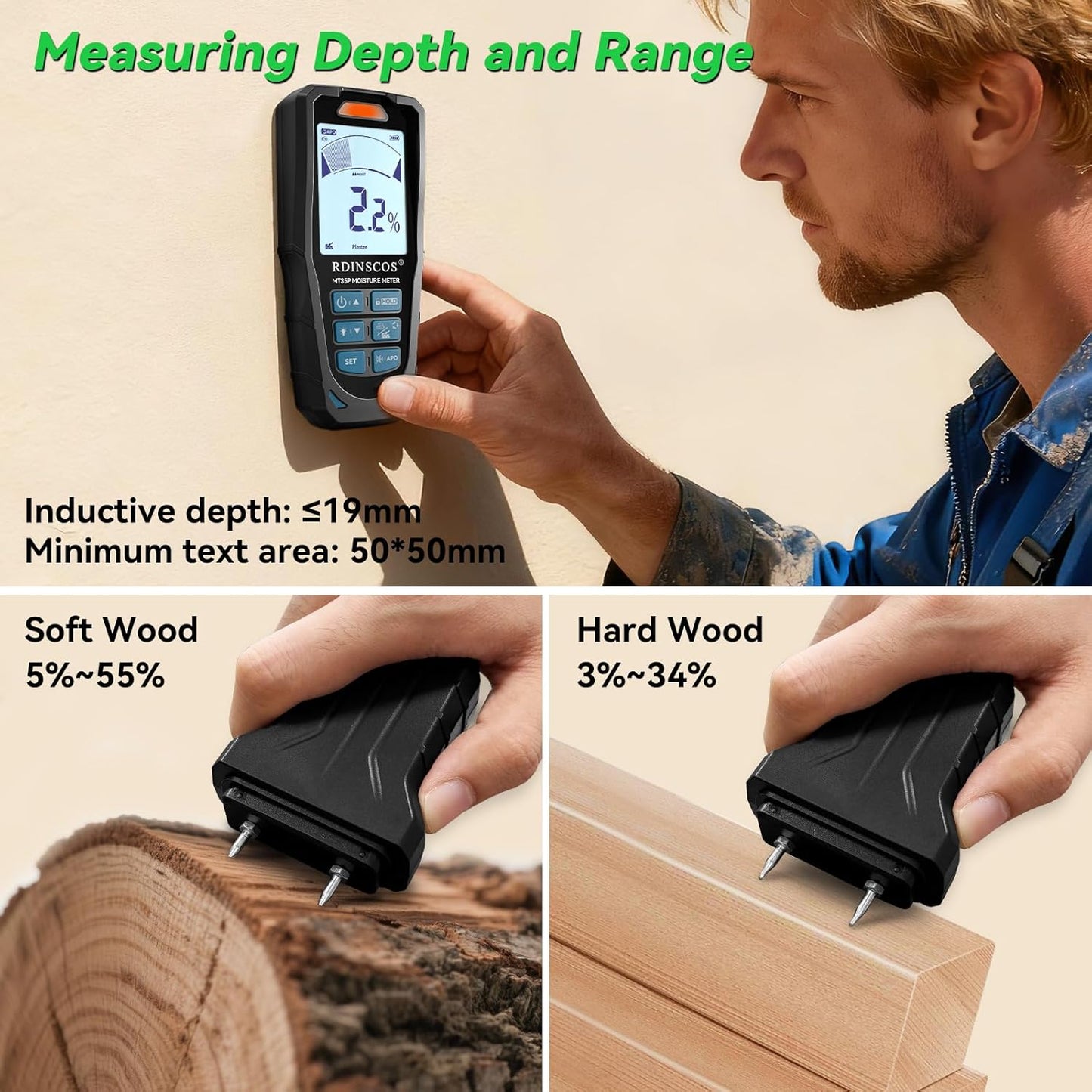 Pinless Moisture Meter for Wall,Floor – Digital Moisture Tester | With 3-Color LCD Display, Audible Alarm & HOLD Function, Ideal for Home Inspections