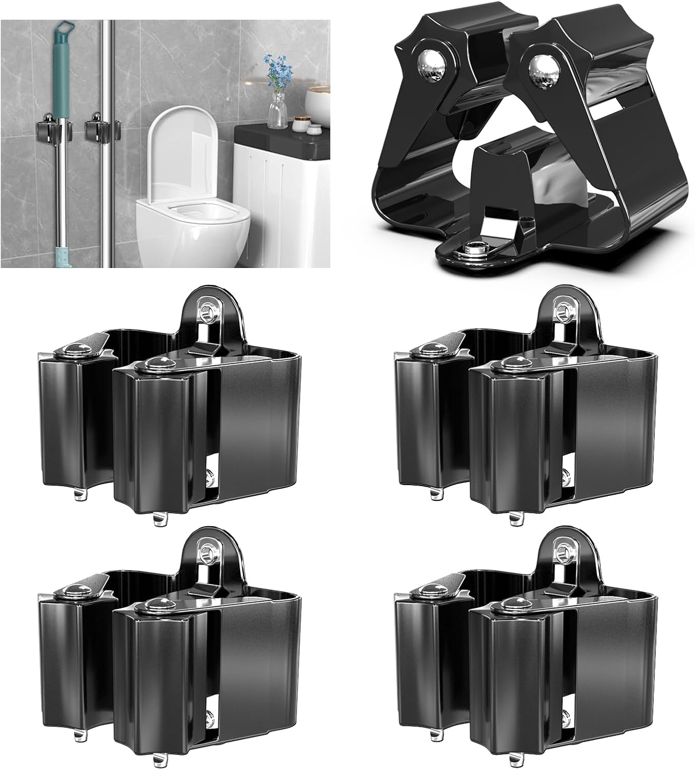 3-H Broom Holder Wall Mount 12 Pack, Heavy Duty Stainless Steel Mop and Broom Organizer Clips, Strong Grip Wall Mount Holders for Garage, Garden, Laundry Room & Utility Closet, Black