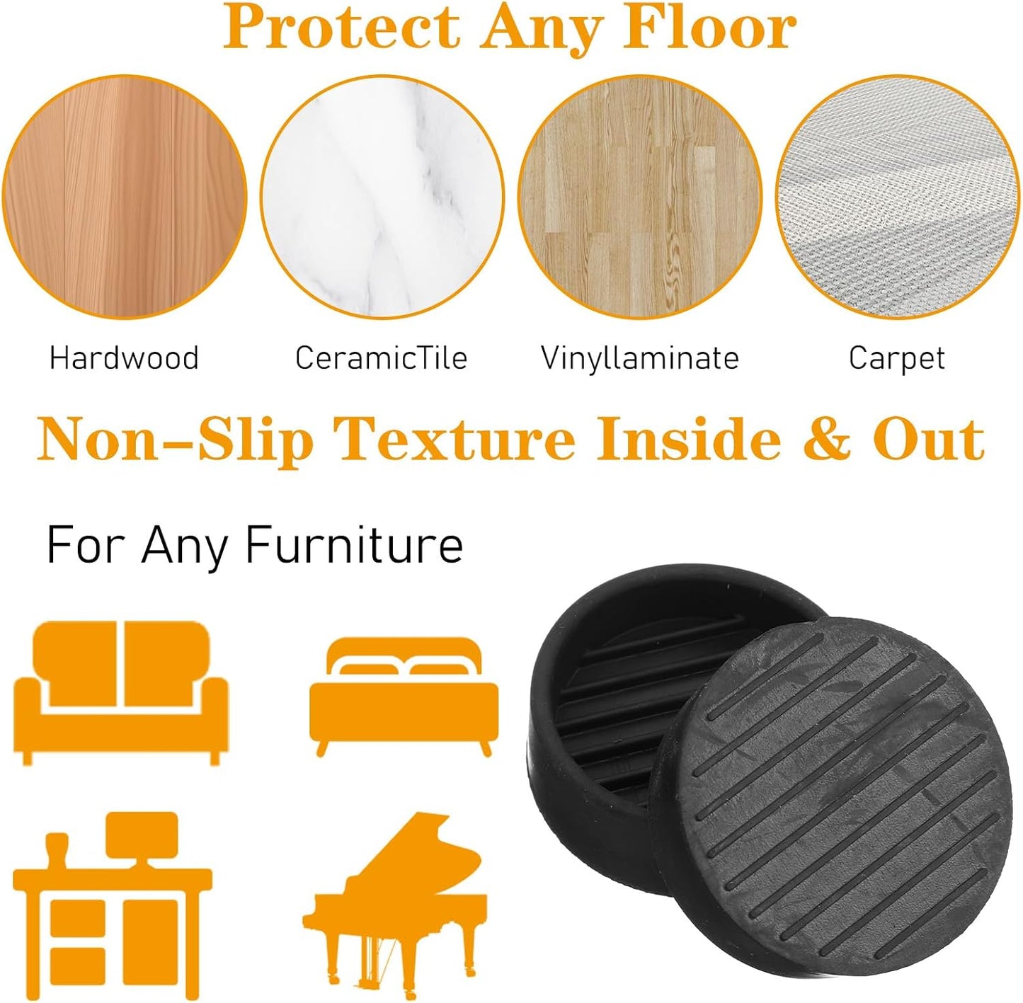 8 Pack Round Rubber Furniture Caster Cups, Non Slip Furniture Pads | 1.5 x 1.5" Furniture Gripper Anti Slide Floor Protector Rubber Furniture Feet for Bed Couch Table Chair Stoppers(Black)