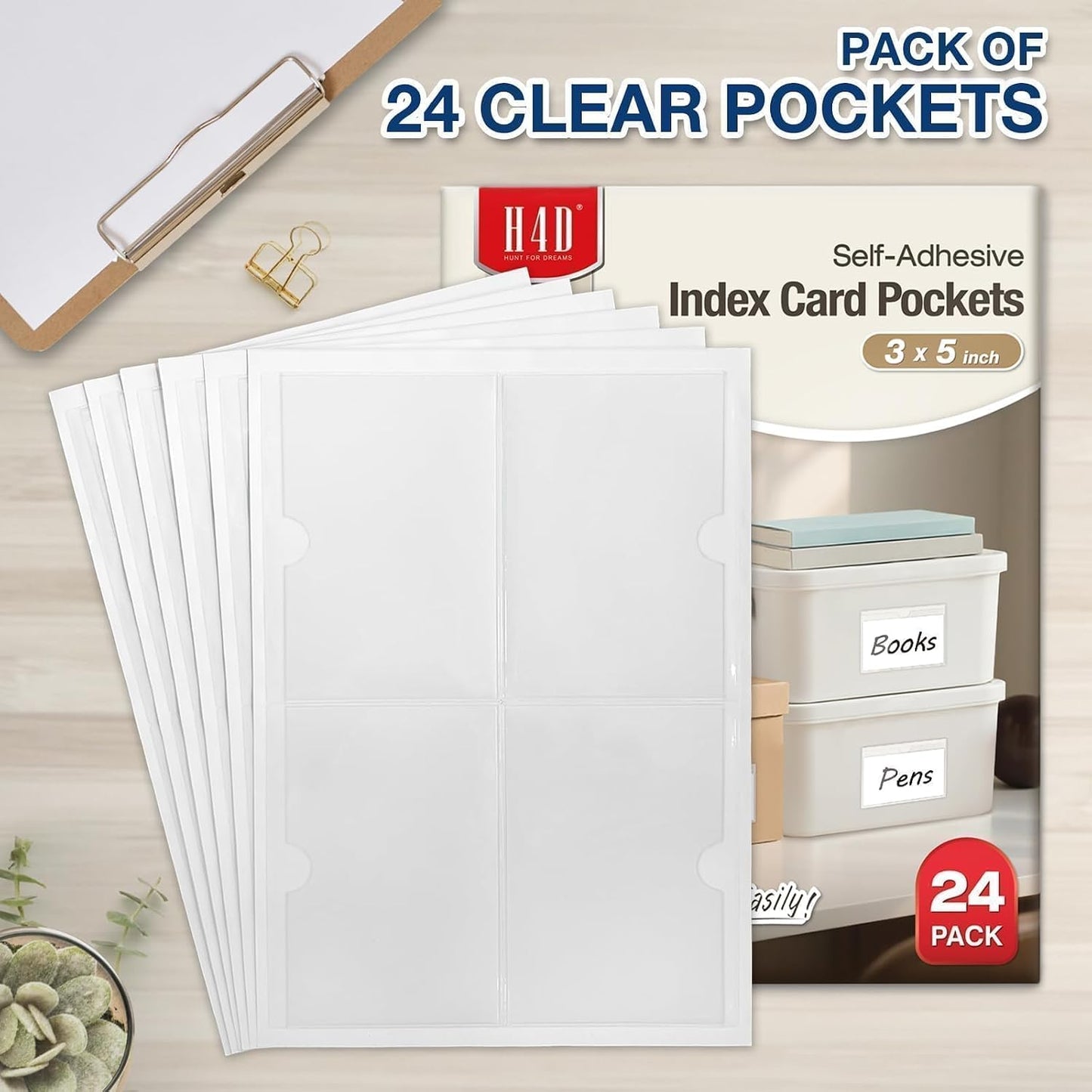 H4D 24 Pack labels for Storage Bins, 4" x 6" Plastic Clear Adhesive Pockets | Top-Open Index Card Holder, Waterproof & Removable Labels for Storage Bins, Totes, Containers, Shelves & Library Organization