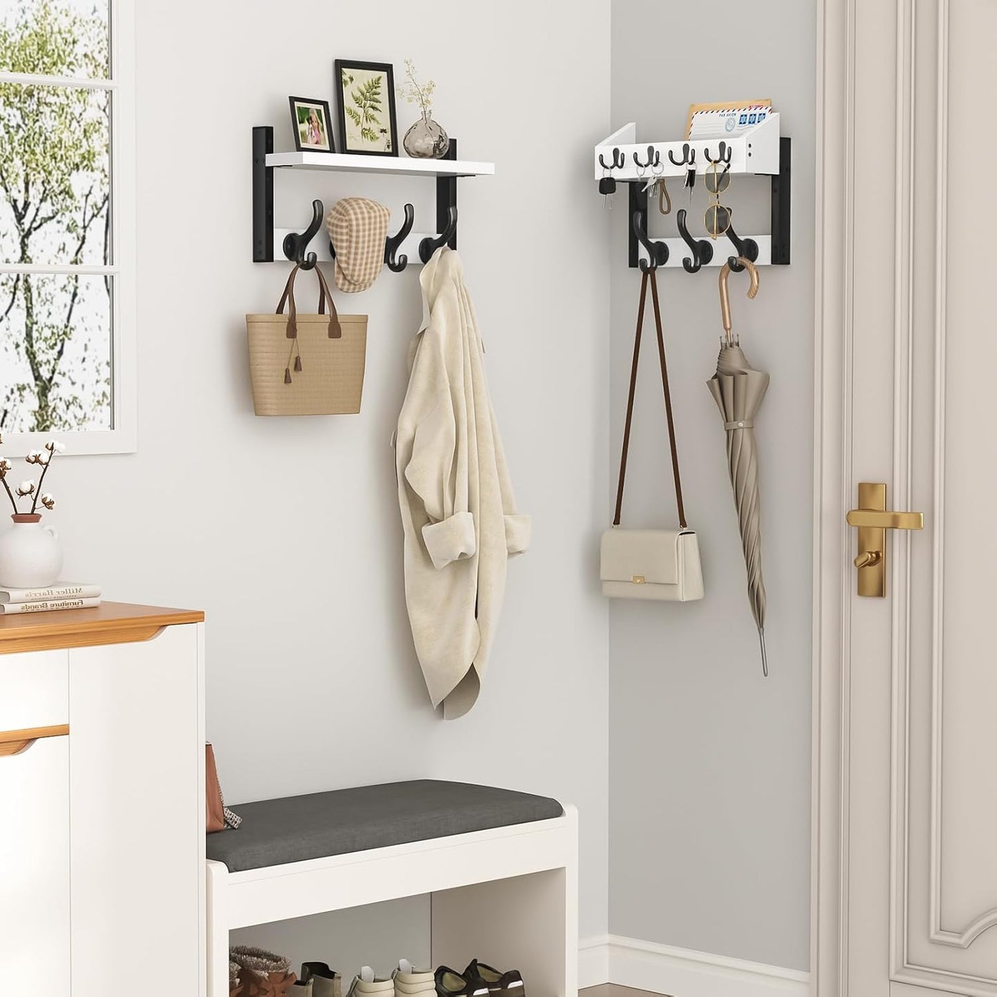 Evermagin 29" Coat Rack Wall Mount with Shelf for Entryway, Rustic Brown | Wall Mounted Coat and Key Rack with Hooks, Key Holder with Mail Organizer for Wall, Living Room, Mudroom, Bedroom