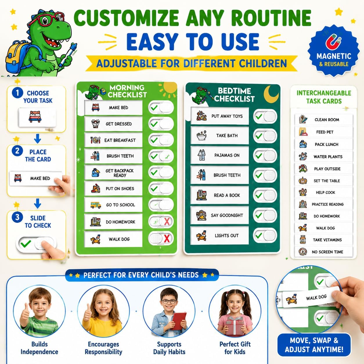 2 in 1 Upgraded Slider Morning/Bedtime Routine Chart for Kids Toddlers - Magnetic Kids Chore Chart for 2 Kids, Dry Erase Chore Chart for Kids, Visual Schedule for Kids with Cute Chore Stickers