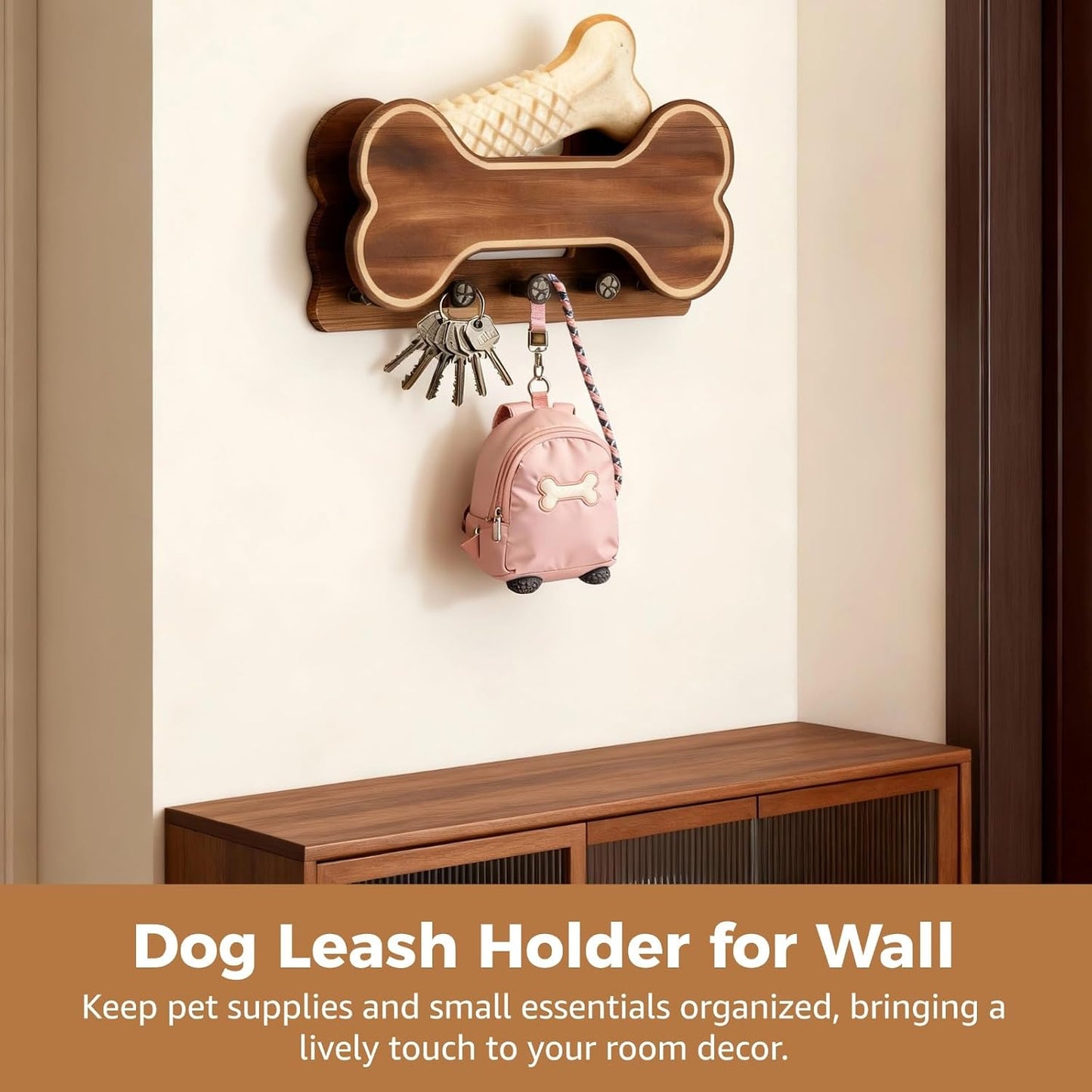 Doggie Bone Key Holder Wall Mount, Rustic Wooden Dog Leash Holder with 5 Hooks, Dog Stuff Storage Shelf, Pet Accessories Organizer for Entryway, Living Room, 11.8 x 6.1 x 3.1 in