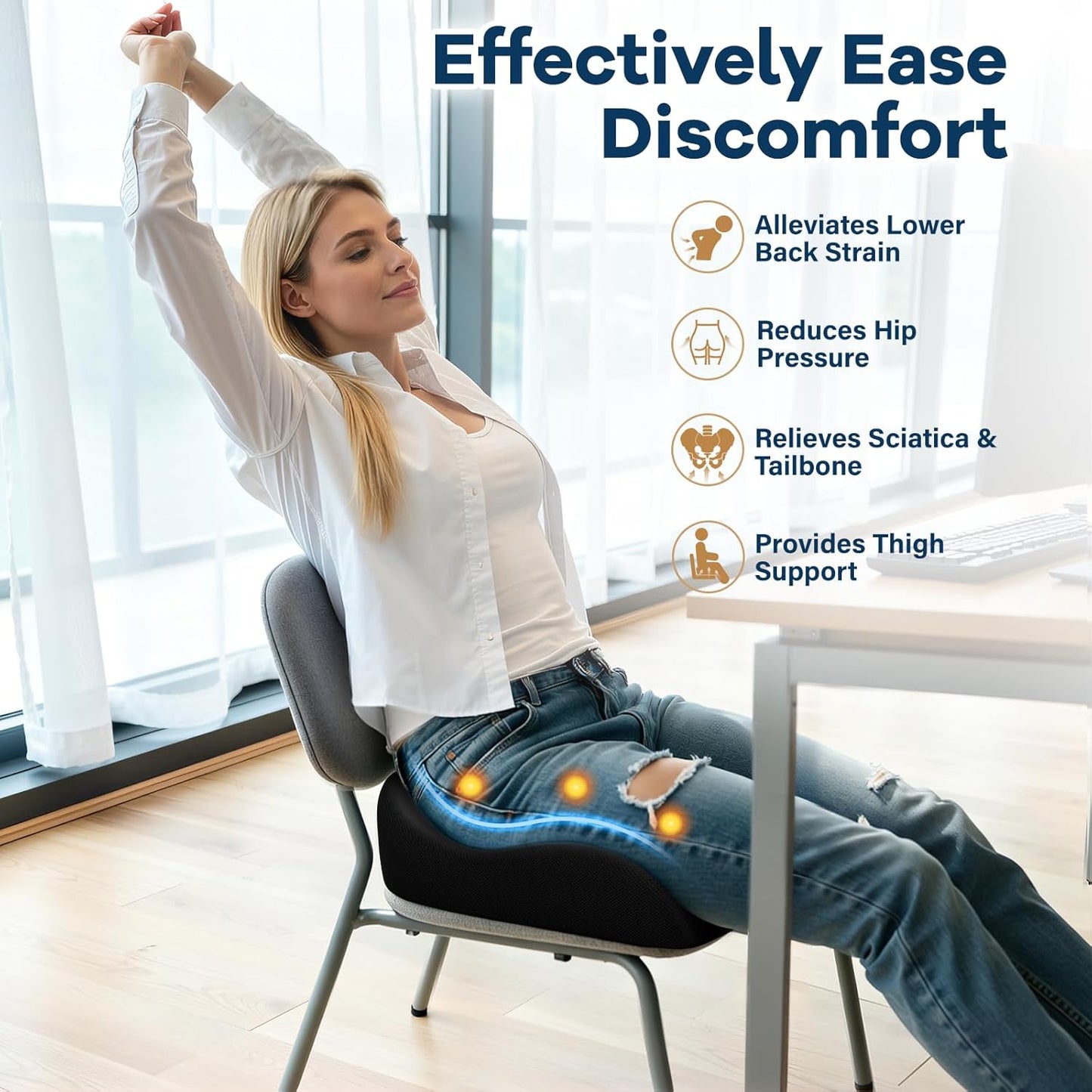 Ergonomic Memory Foam Seat Cushion for Office Chair, Black | Wheelchair Cushions for Tailbone, Hip, Sciatica Support, Soft & Breathable, Chair Pad for Long Sitting, Driving