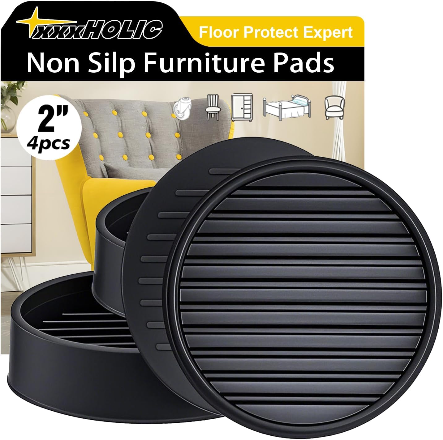xxxHOLIC Rubber Non Slip Furniture Pads, 2" Black Round, Set of 4 | Furniture Grippers for Hardwood Floors, Anti Skid Caster Cups, Bed Frame & Couch Stoppers, Floor Protectors for Heavy Duty