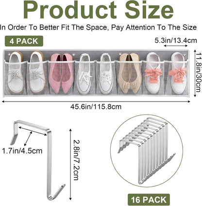RV Shoe Storage for Bedside - 4 Packs Hanging Shoe Organizer with 32 Large Mesh Pockets, Wall Mounted Entryway Shoes Rack, Bed Hanging Pocket Caddy for Camper, Dorm & Bedroom Organization, Gray