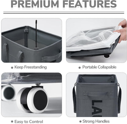 CHICVITA 75L Large Rolling Laundry Basket with Wheels & Wash Bag, Grey | Collapsible design saves space for corner dorms. Removable wash bag for easy laundry transport