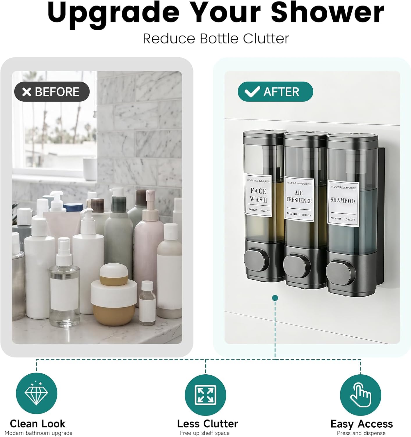 Wall Mounted Shower Soap Dispenser 3 Chamber,No Drill Shower Dispenser | Shampoo and Conditioner Dispenser for Bathroom Hotel Large Capacity, each 300ml with two waterproof labels,Gold