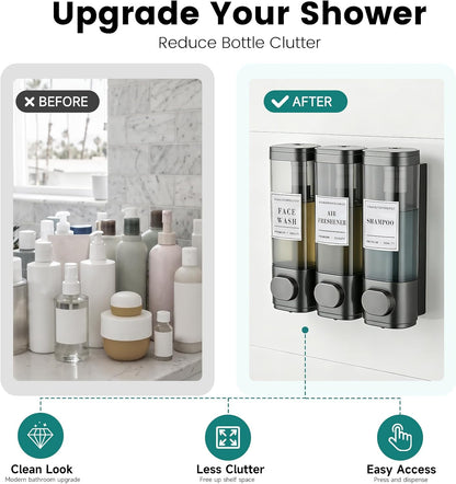 Wall Mounted Shower Soap Dispenser 3 Chamber,No Drill Shower Dispenser | Shampoo and Conditioner Dispenser for Bathroom Hotel Large Capacity, each 300ml with two waterproof labels,Gold