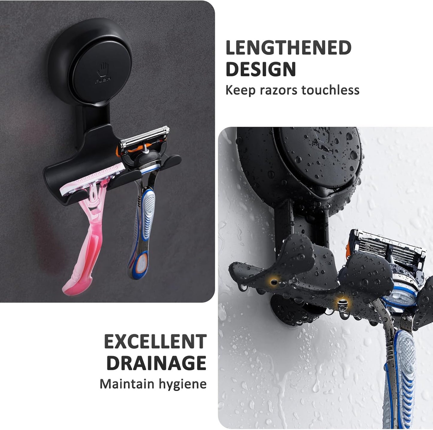 Razor Holder for Shower 2 Pack, Powerful Vacuum Suction Cup Hook for Towel, Loofah, Razor, Squeegee, Damage-Free Wall Shower Hook, Shaver Holder for Bathroom, Easy to Install and Reuse, Black