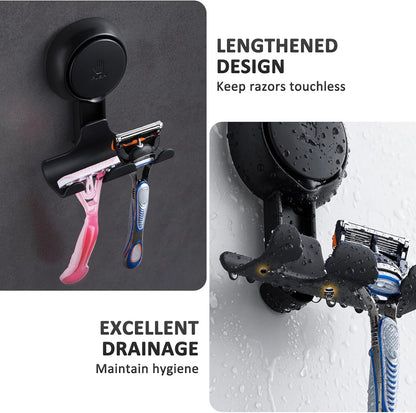 Razor Holder for Shower 2 Pack, Powerful Vacuum Suction Cup Hook for Towel, Loofah, Razor, Squeegee, Damage-Free Wall Shower Hook, Shaver Holder for Bathroom, Easy to Install and Reuse, Black