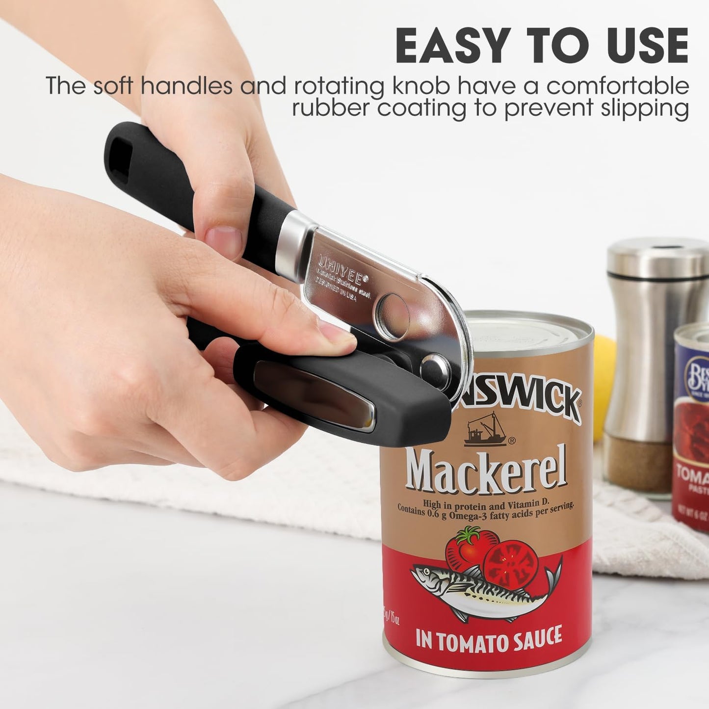 UHIYEE Hand Held Can Opener Manual with Magnet for Home Kitchen, Black | Easy Work, Premium 420J2 Steel, Magnetic Lid Lifter, Easy-Turn Oversized Knob, Arthritis Friendly, Smooth Edge
