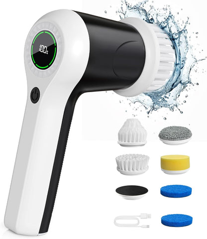 PUFTEM Electric Spin Scrubber, Cordless Shower Scrubber | Battery Level Display, Dual Speed, 6 Replaceable Brush Heads, IPX7 Waterproof, Long Runtime, Tub, Tile & Sink Cleaning