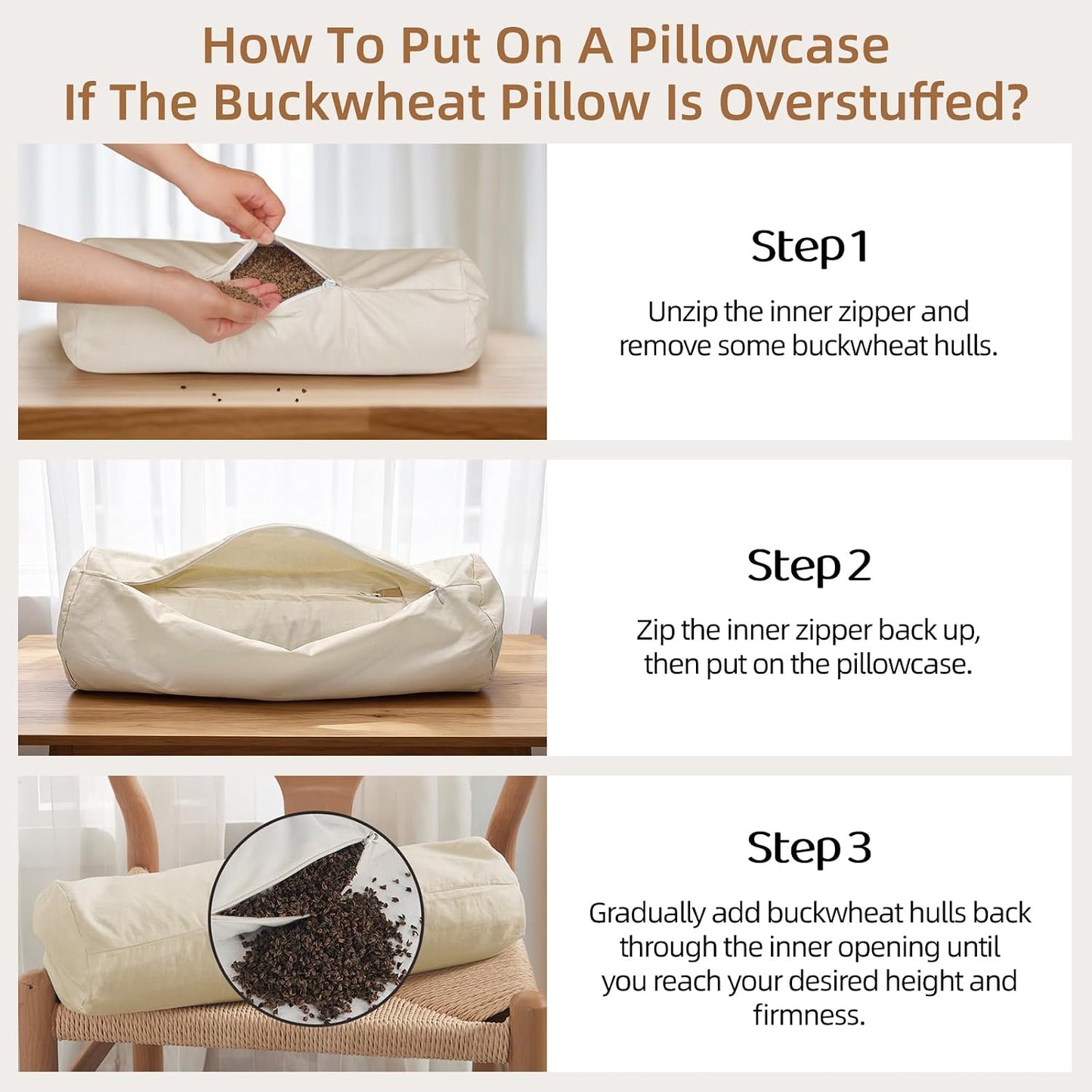 LOFE® Adjustable Buckwheat Neck Pillow - Cervical Roll to Relieve Tension | Buckwheat Pillow to Provide Firm Support for Side/Back Sleepers, Cylinder Bolster Pillows with Organic Pillowcase 17x6in
