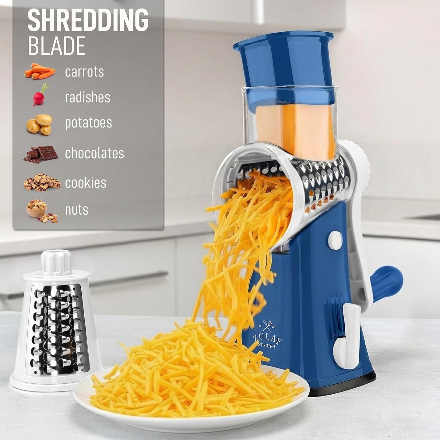 Zulay Kitchen Rotary Cheese Grater 5 Blade Cheese Shredder - Manual Hand Crank Cheese Grater With Reinforced Suction & 5 Interchangeable Drums - Easy to Use, Vegetable Chopper Round Mandoline Slicer - Colors A