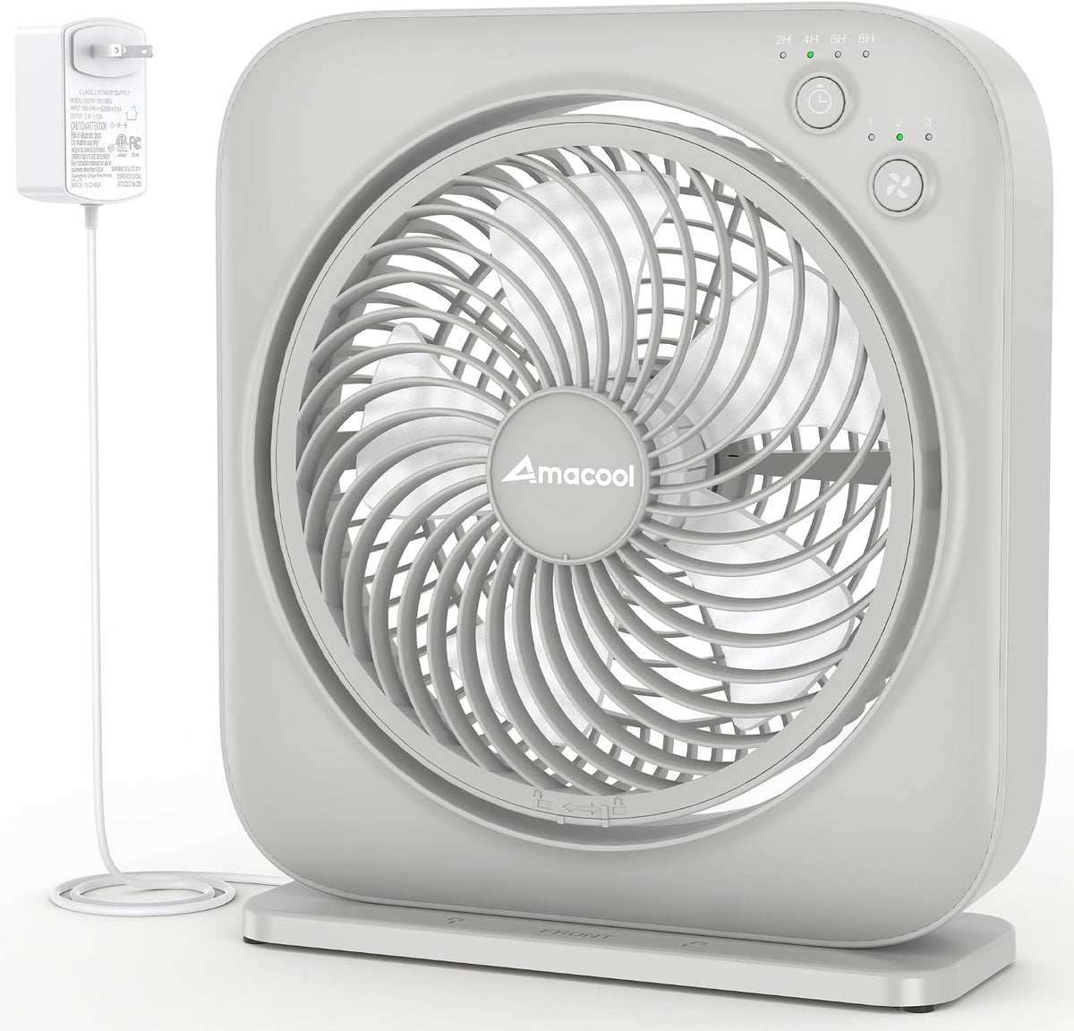 AMACOOL Table Fan, 12 inch Box Fan with 3 Adjustable Speeds & 8HRS Timer, Adjustable Angle Quiet Air Circulator, Desktop Fan for Bedroom Bathroom Kitchen Office, AC Adapter Included-Grey