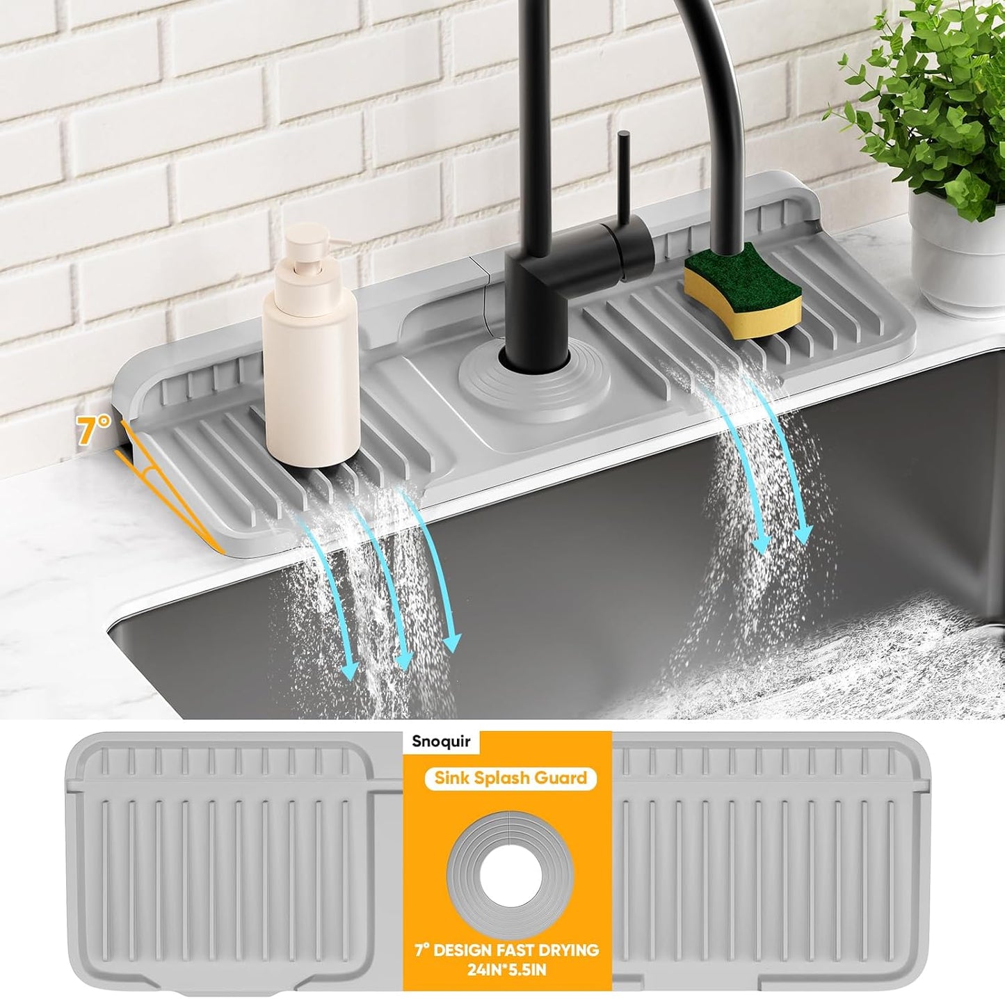 24'' Longer Faucet Mat for Kitchen Sink Splash Guard[7° Slope Fast Self-draining][Snap Lock Fit]Kitchen Sink Faucet Mat Splash Guard Kitchen Sink Area Water Splash Guard Behind Faucet Draining Mat