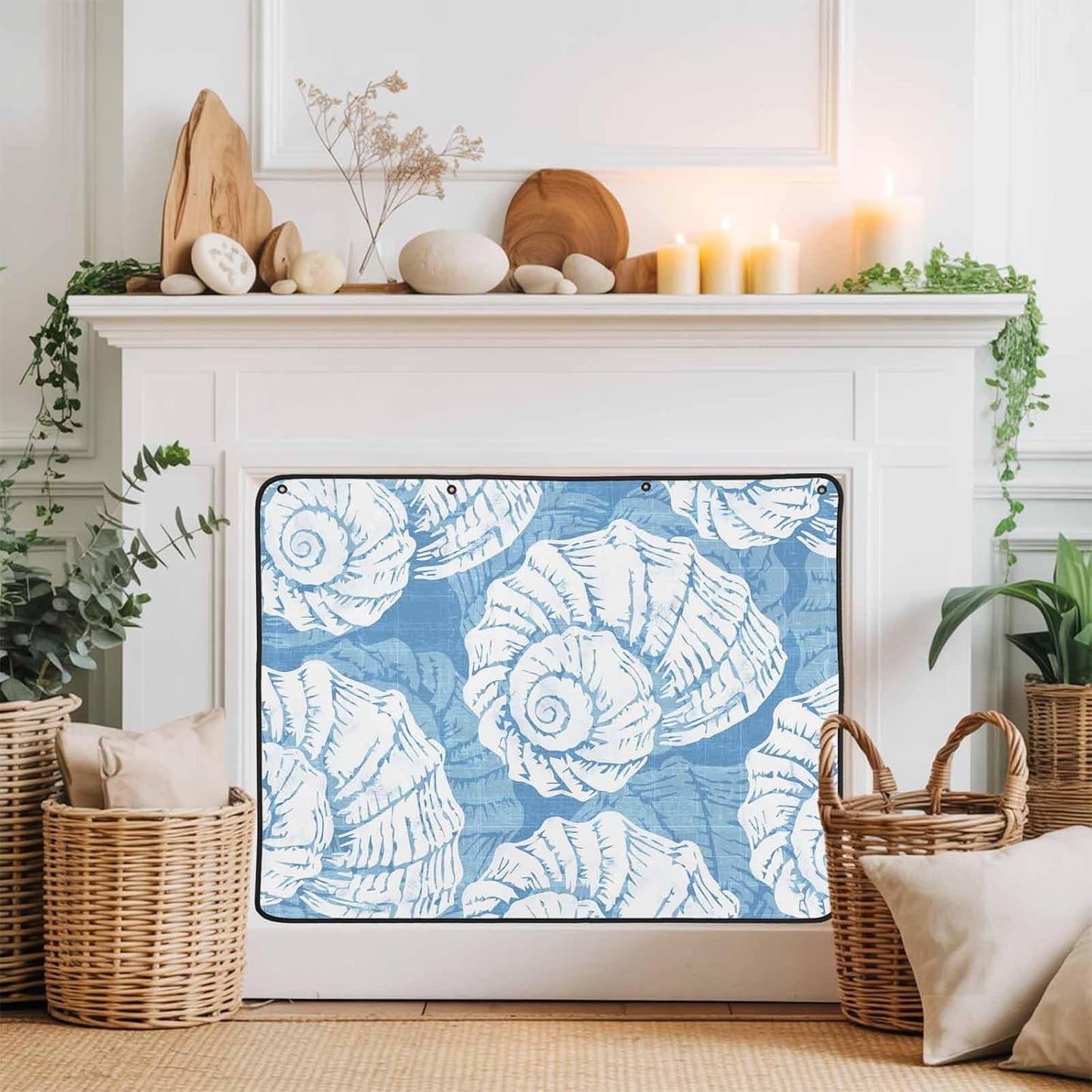 Magnetic Fireplace Cover Navy Blue Coastal Shells Fireplace Screen Decorative Ocean Conch Marine Life Insulation Fireplace Blocker Save Energy Fireplace Draft Stopper Covers for Living Room 36x30 Inch