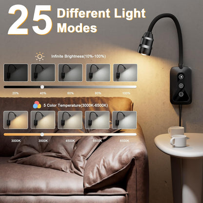Wall Mounted LED Reading Light for Bed Headboard - 5 Color & Brightness Levels Dimmable Book Light with Touch/Wave Control, USB Output - Night Reading Lamp for Books in Bed