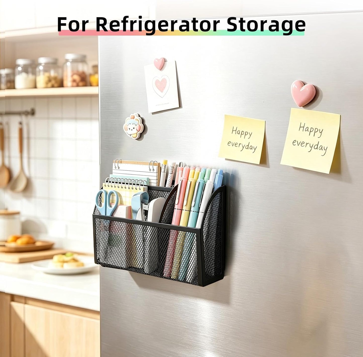 Magnetic Pencil Holder, Magnetic Organizer for Locker Accessories, Black | Mesh Marker Holder with Strong Magnets and 3 Compartments for Whiteboards Refrigerators and Magnetic Lockers
