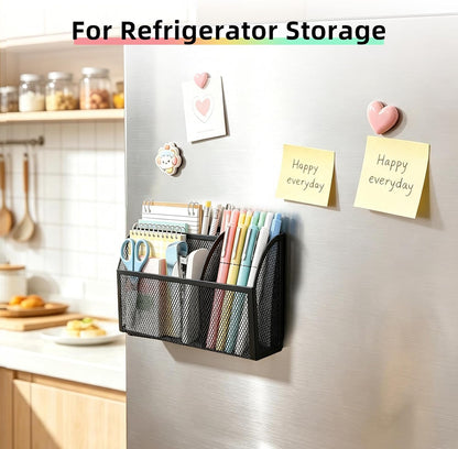 Magnetic Pencil Holder, Magnetic Organizer for Locker Accessories, Black | Mesh Marker Holder with Strong Magnets and 3 Compartments for Whiteboards Refrigerators and Magnetic Lockers