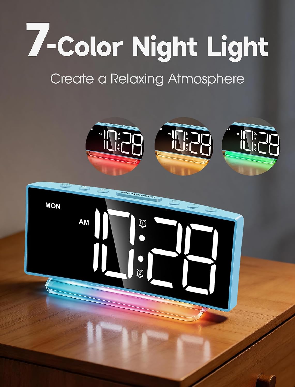 Cadmos Digital Alarm Clock - Extra Loud for Heavy Sleepers Adults Teens Kids, Rainbow Bedside Clock for Bedrooms, Large Display, 7 Color Night Light, Weekday & Weekend, 12/24h (Black+Dynamic)