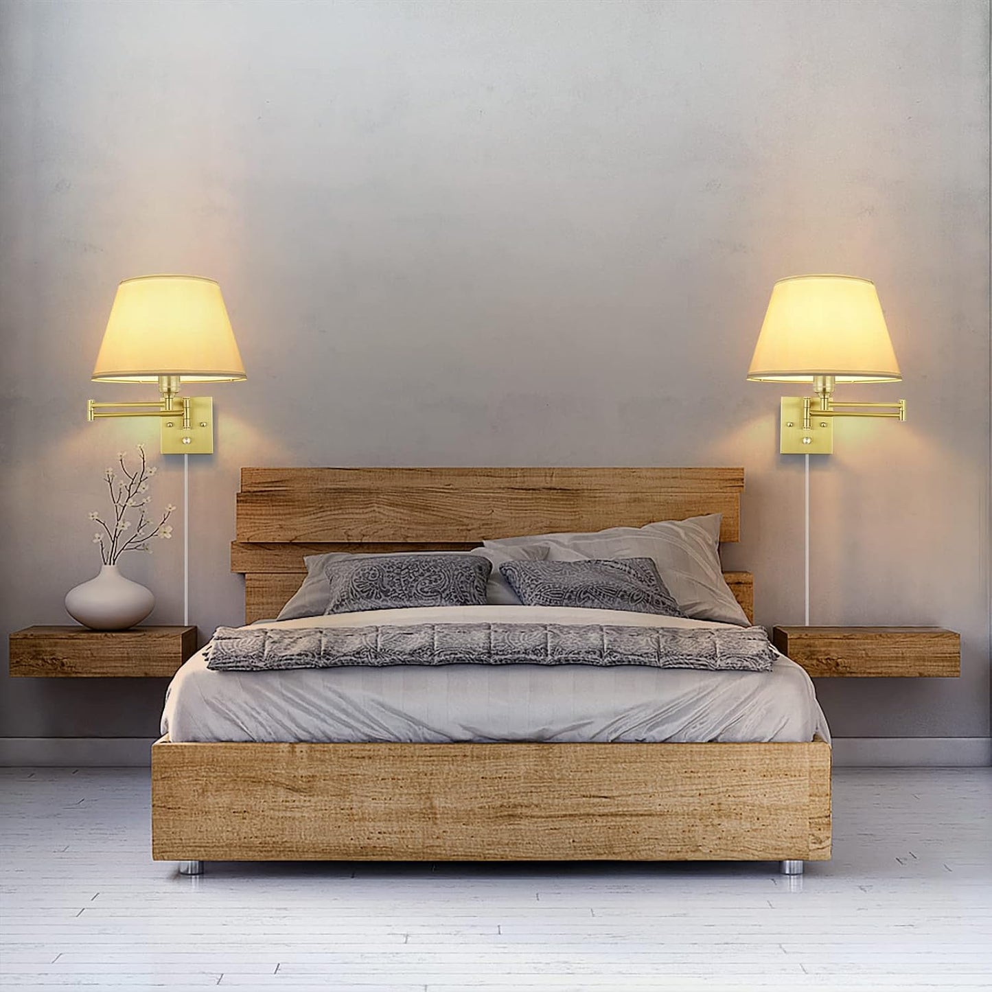 TRLIFE Wall Sconce Plug in, Dimmable Wall Sconces Set of Two Swing Arm Wall Lights with Plug in Cord and On/Off Dimmer Rotary Switch, 9.4" Medium Beige Fabric Shade(2 Pack, 2 Bulbs)