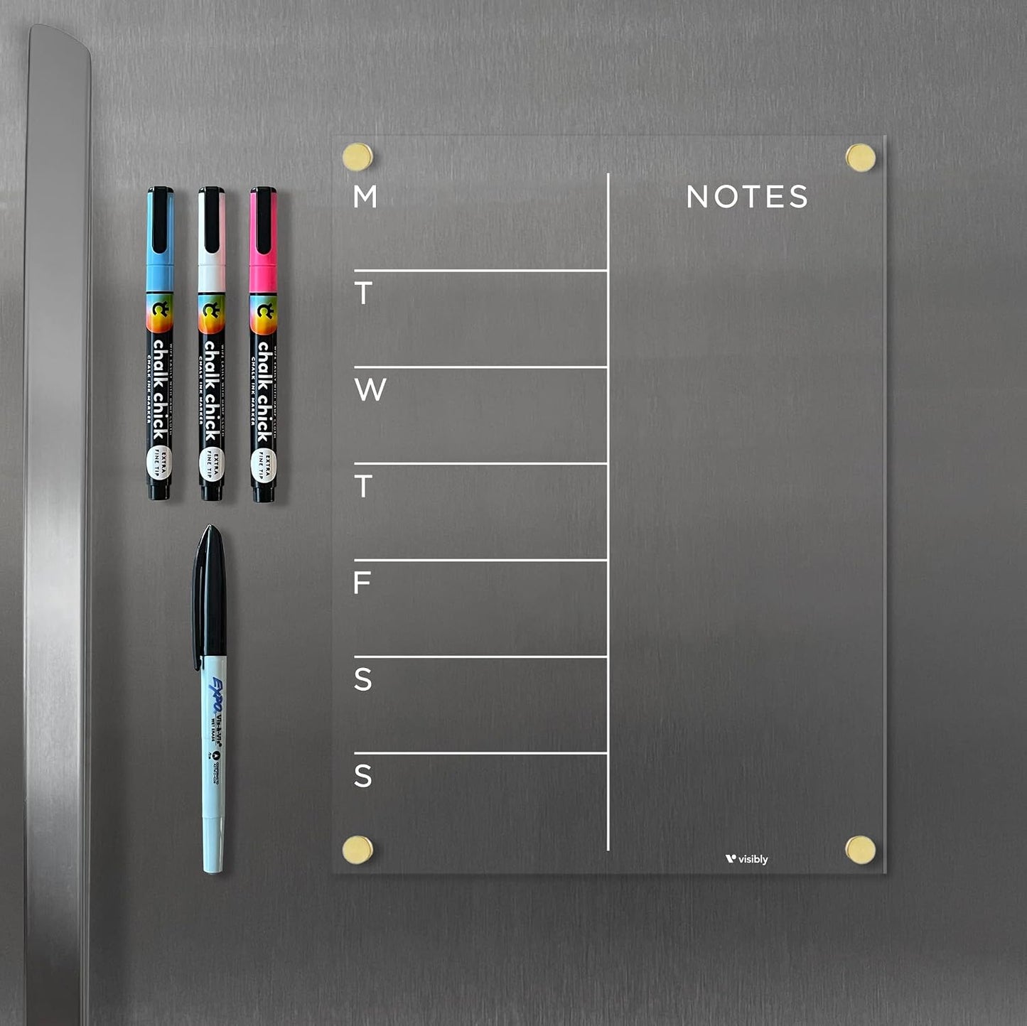 Magnetic Acrylic Weekly Planner for Fridge 9” x 12”, Clear Wet Erase Meal Planner & Notes Board, Refrigerator Organizer with 4 Magnetic Markers and Gold Corner Magnets