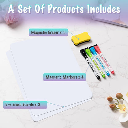 2-Pack Magnetic Dry Erase Board Sheet for Refrigerator, 12"x8" Erasable Fridge Whiteboard with 4 Markers & 1 Eraser, Small Flexible Magnet Blank Notepad for Home Kitchen Organizer Planner to-do List