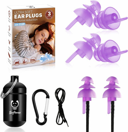 Ear Plugs for Sleeping 3 Pairs, Reusable Silicone Earplugs Sound Proof Noise Cancelling for Side Sleeper Study Travel Working Snoring Blocking -32dB Hearing Protection, with Cord & Case, Blue