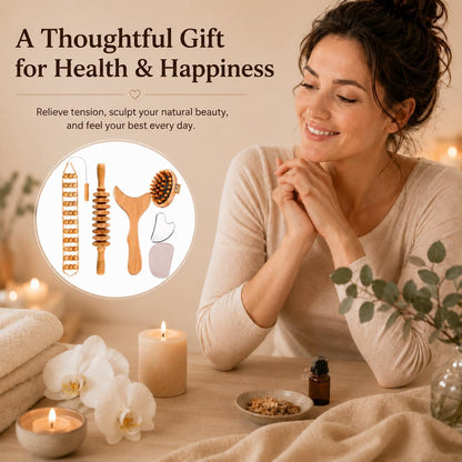 Wood Therapy Massage Tools Set, Maderoterapia Massage Kit with Wooden Gua Sha Tools, Body Sculpting & Lymphatic Drainage Massager, Muscle Relaxation Roller for Face, Back, Legs & Full Body