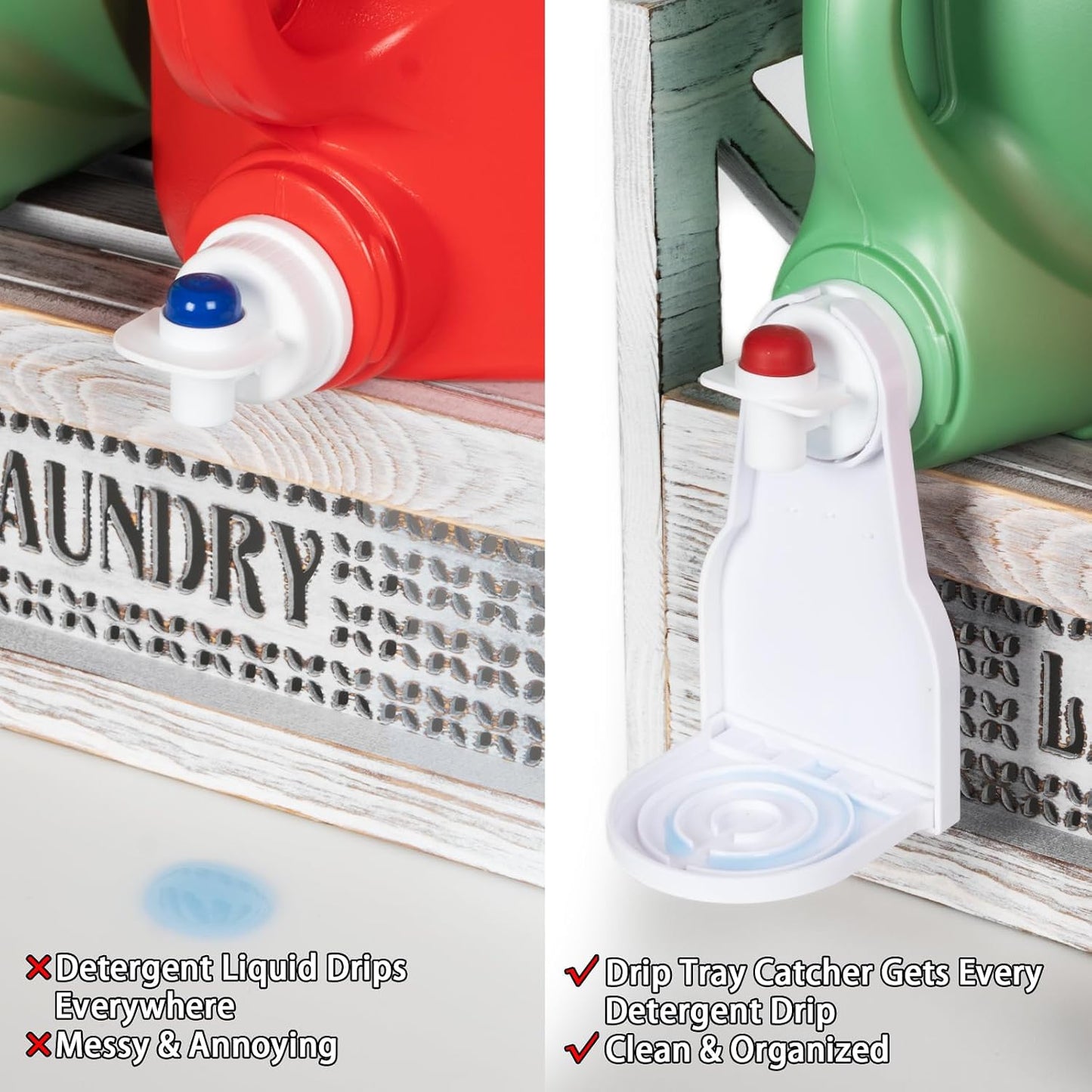 Laundry Detergent Holder with Drip Tray Catcher - Wooden Farmhouse Laundry Room Decor - Rustic Detergent Holder Accessories for New Home Storage, Space-Saving Organizers Decor Must Haves