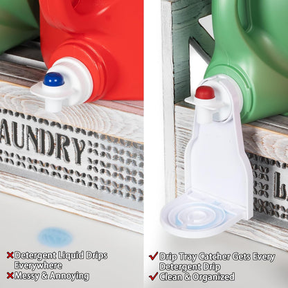 Laundry Detergent Holder with Drip Tray Catcher - Wooden Farmhouse Laundry Room Decor - Rustic Detergent Holder Accessories for New Home Storage, Space-Saving Organizers Decor Must Haves