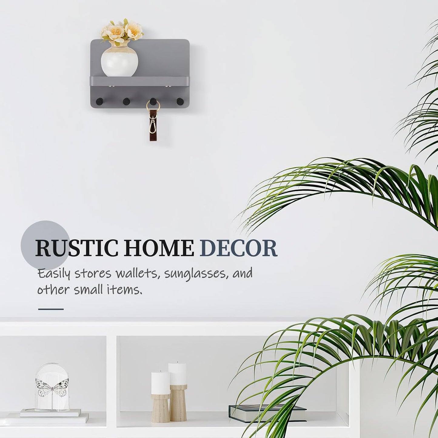 Nekon Key Holder for Wall with Shelf, Pine Wooden Key Hanger, Black | Small Wall Mounted Key Holder with 4 Hooks, Farmhouse Wall Organizer for Home Entryway & Apartment