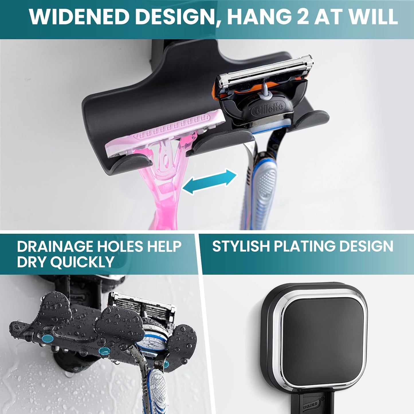 TAILI 2 Pack Upgraded Suction Cup Razor Holder for Shower Waterproof, Black | Visible Safety Indicator, Rust-Resistant Bathroom Organizer, No-Drill Glass Shower Wall Hook for Towel,Loofah,Razor,Squeegee