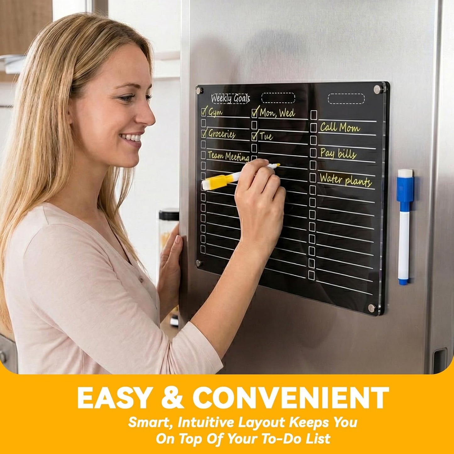 YNGRUE Acrylic Magnetic Dry Erase Board for Fridge - 12"x10"Magnetic to Do List Set w/Clear Acrylic Panel+Black Backing, Refrigerator Grocery Board w/8 Markers&Towel for Teens Adult Family Kids