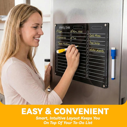 YNGRUE Acrylic Magnetic Dry Erase Board for Fridge - 12"x10"Magnetic to Do List Set w/Clear Acrylic Panel+Black Backing, Refrigerator Grocery Board w/8 Markers&Towel for Teens Adult Family Kids