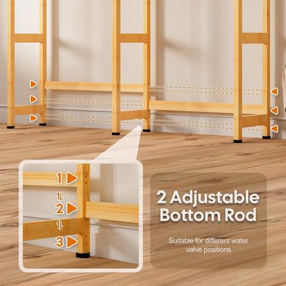 Cozivolife Over The Washer Dryer Storage Shelf: Bamboo 5 Tiers (Natural) | Laundry Room Drying Rack with Adjustable Shelves and 4 Hooks - Space Saver Organizer for Hanging Clothes and Towels