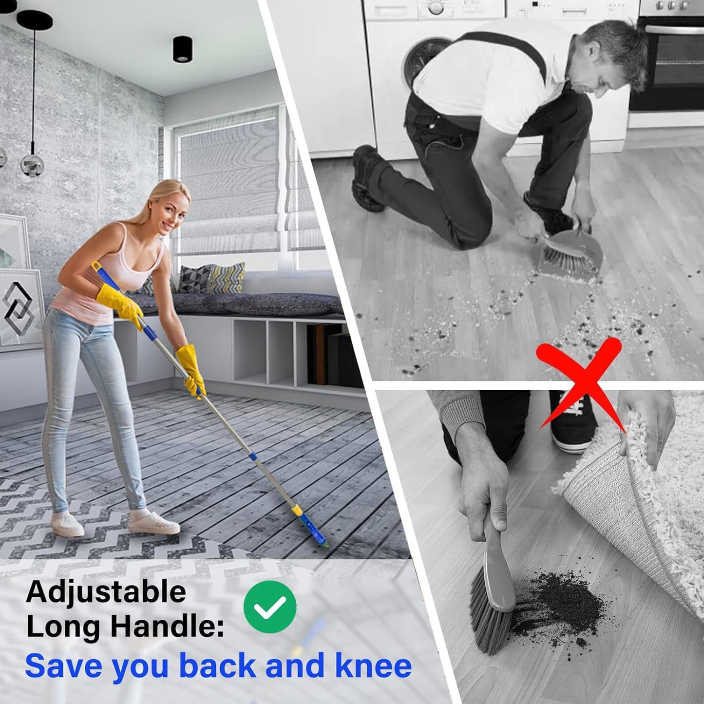 Grout & Scrub Brush Combo, Floor Scrubber with Long Handle, Multi-Purpose Stiff Bristles Cleaning Brush Set for Tile, Grout, Deck, Kitchen, Shower Floor (2 Pcs)