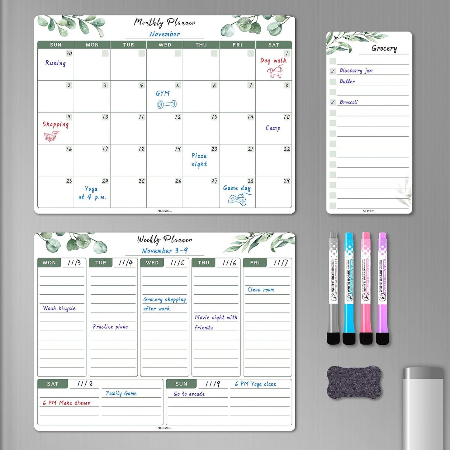 ALEZEL Magnetic Dry Erase Refrigerator Calendar Set | Dry Erase Fridge Calendar Set, Includes Magnetic Monthly & Weekly Planner with List White Board, 4 Markers + Eraser