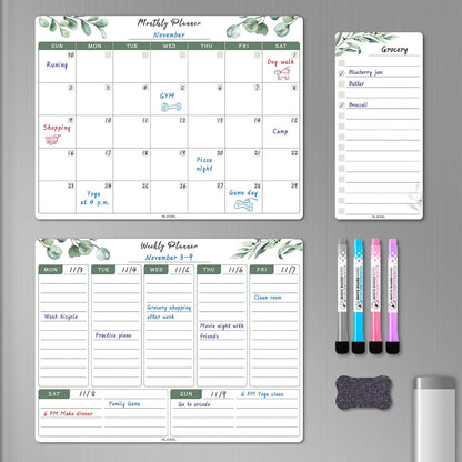 ALEZEL Magnetic Dry Erase Refrigerator Calendar Set | Dry Erase Fridge Calendar Set, Includes Magnetic Monthly & Weekly Planner with List White Board, 4 Markers + Eraser