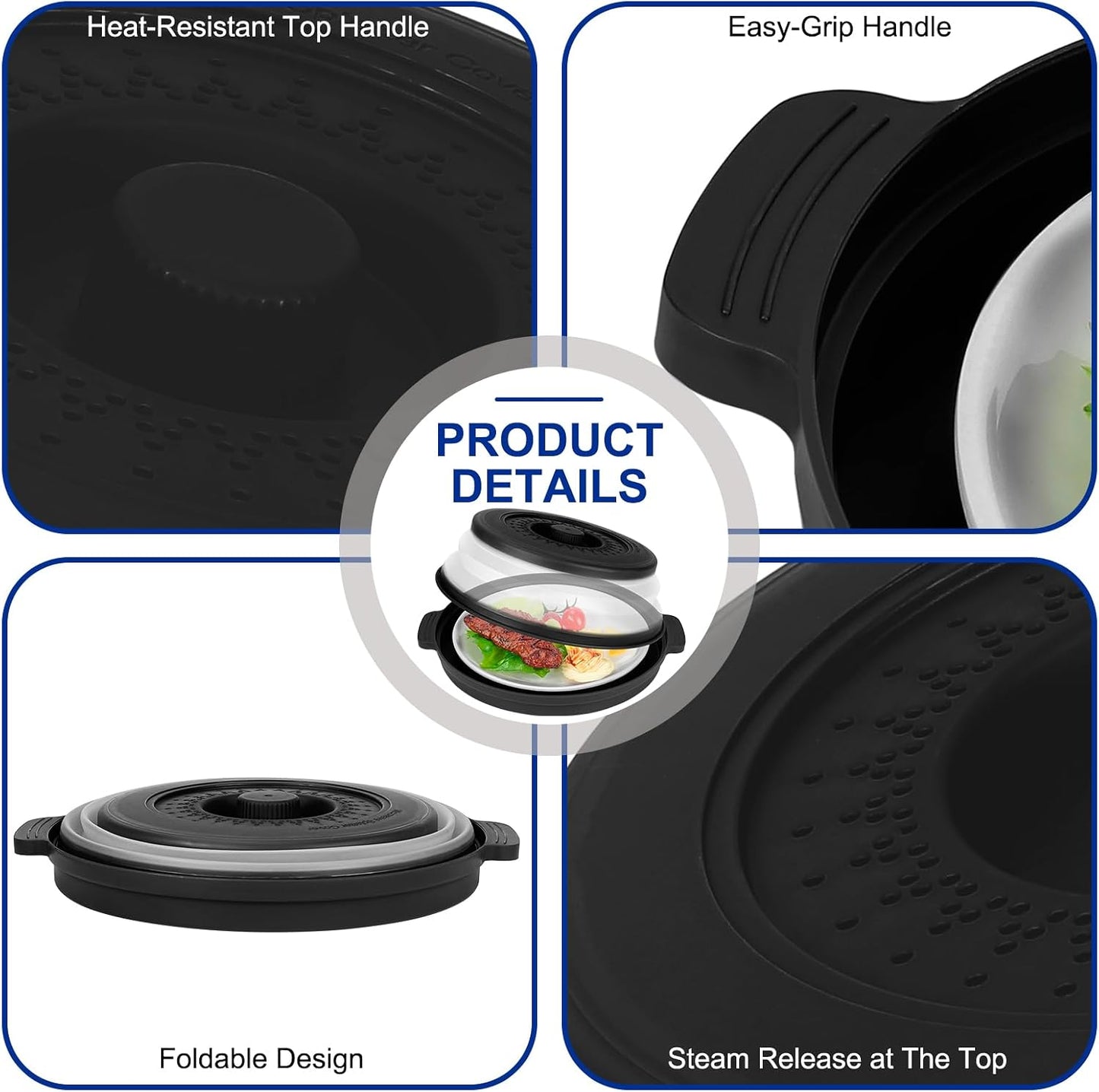 Microwave Splatter Cover for Food with Handle &Heat-Resistant Mat, 10.7" Collapsible Microwave Plate Cover - BPA Free, Dishwasher Safe Food Lid, Multi-Use Colander & Steamer for Meal Prep （Black）