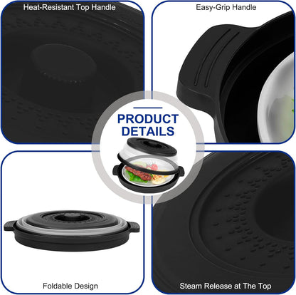 Microwave Splatter Cover for Food with Handle &Heat-Resistant Mat, 10.7" Collapsible Microwave Plate Cover - BPA Free, Dishwasher Safe Food Lid, Multi-Use Colander & Steamer for Meal Prep （Black）