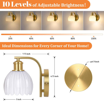 Rechargeable Battery Operated Wall Sconce Set of Two with Green Glass Lampshade, Wireless Battery Powered Wall Lamp with Remote Control, 15 Colors Gold Wall Light for Bedside Hallway Bedroom Doorway