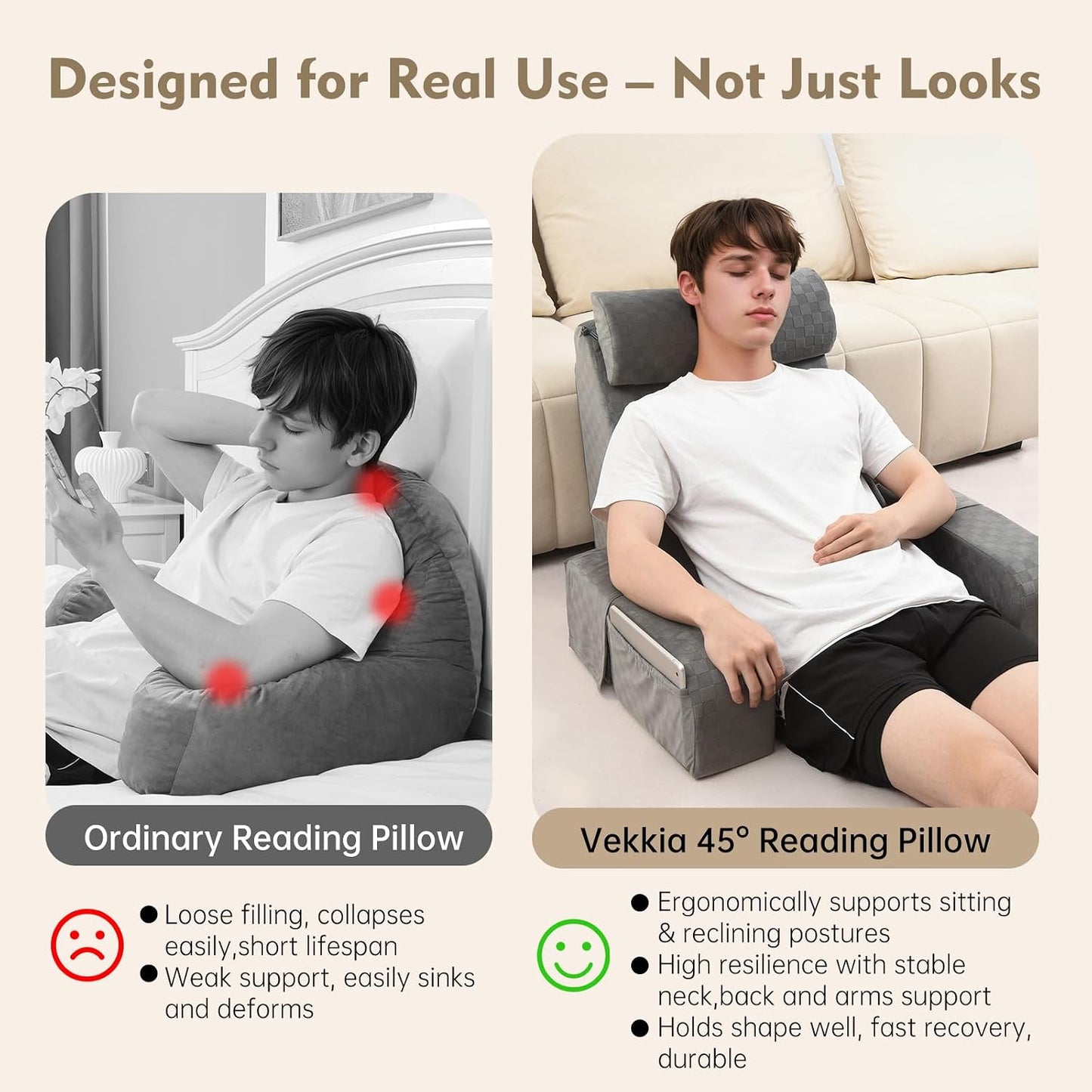 Vekkia 19'' Reading Pillow for Adults with XL Side Pockets, Adjustable Arms | 45° Back Support Chair for Sitting in Bed, Washable Cover, Perfect for Gaming, Watching TV, Relaxing, or Recovery, Gift Idea