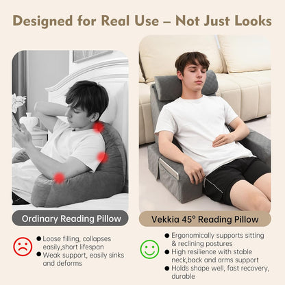 Vekkia 19'' Reading Pillow for Adults with XL Side Pockets, Adjustable Arms | 45° Back Support Chair for Sitting in Bed, Washable Cover, Perfect for Gaming, Watching TV, Relaxing, or Recovery, Gift Idea