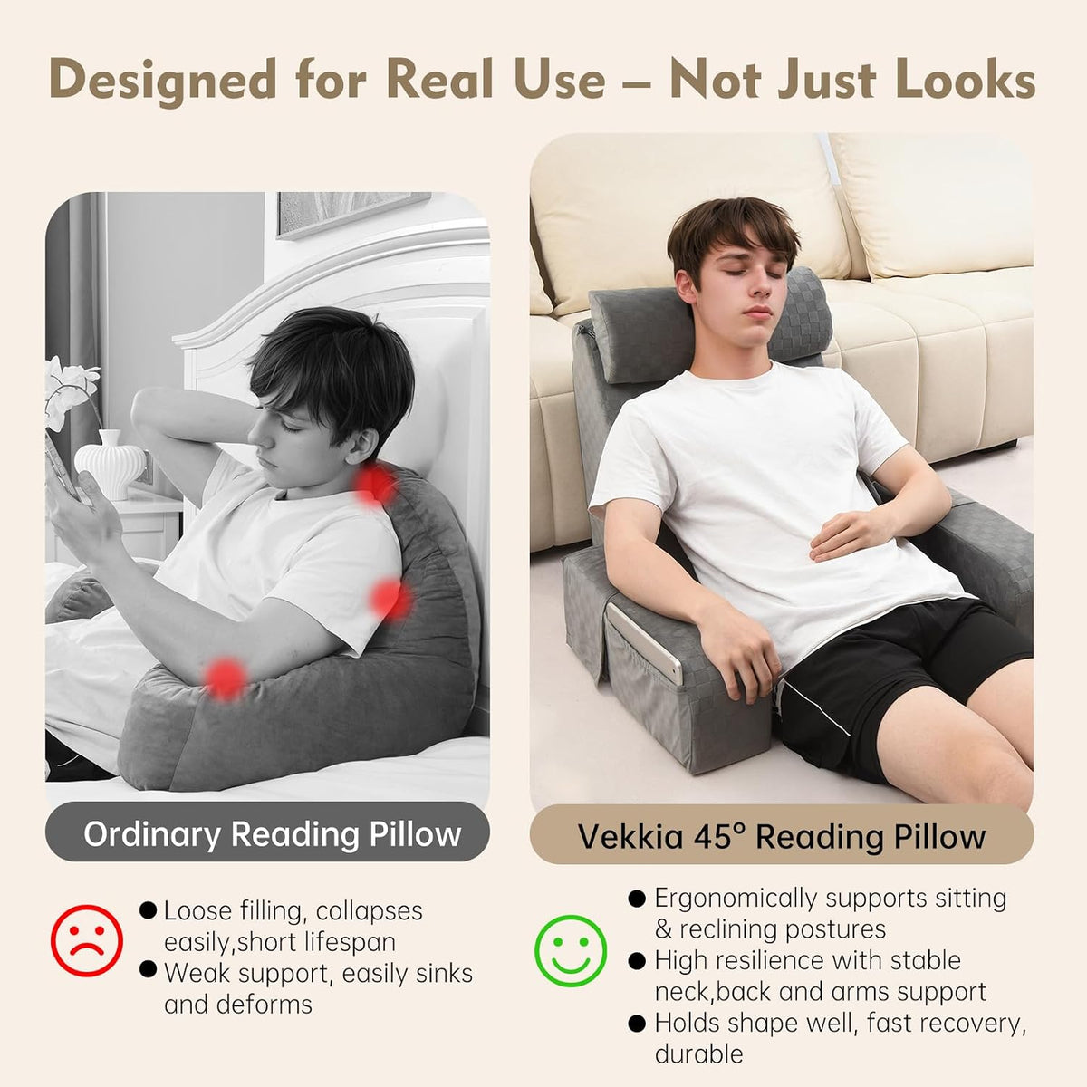 Vekkia 19'' Reading Pillow for Adults with XL Side Pockets, Adjustable Arms