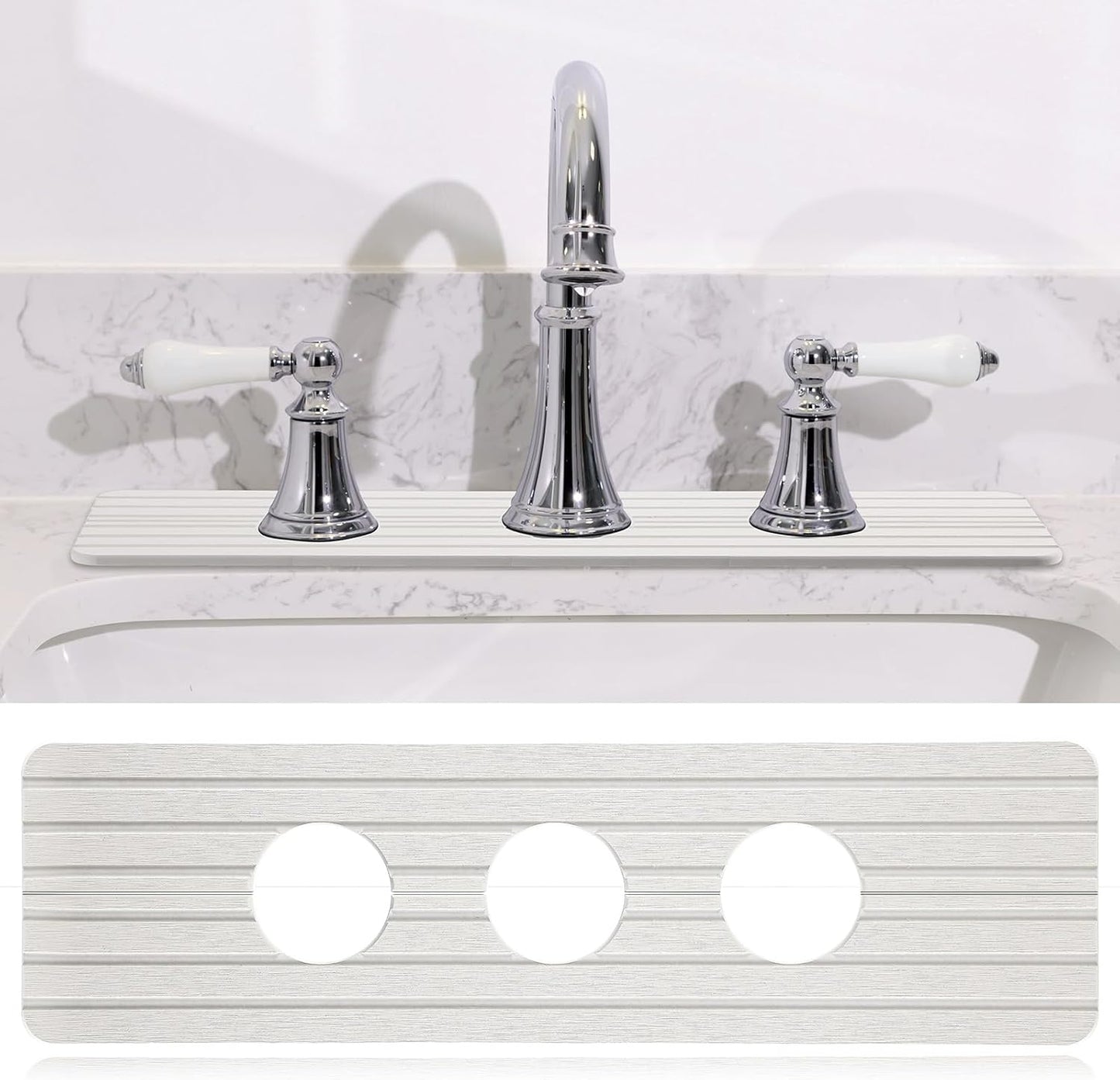 Teenyyou 3 Hole White Faucet Mat for Kitchen Sink Bathroom 16.1" x 5" Kitchen Faucet Absorbent Mat Diatomite Splash Guard Quick Drying Stone Drip Catcher Hole 2.24" Holes Spaced About 1.77 "