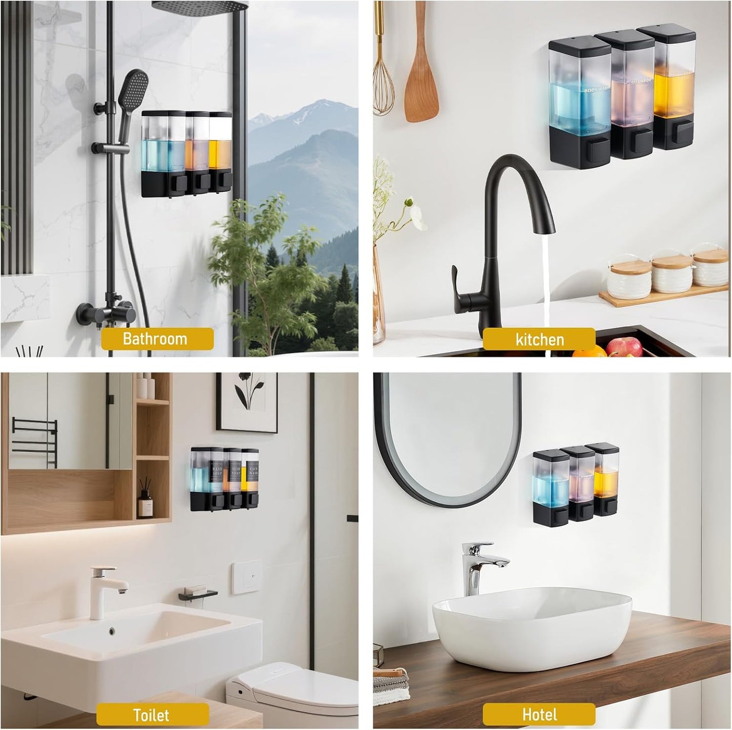 Pollock Shampoo and Conditioner Dispenser,Black 3 Chamber * 500ML | Shower Soap Dispenser Wall Mounted, Body Wash Dispenser No Drill,Refillable Shower Dispenser for Bathroom,Hotel,Public Place