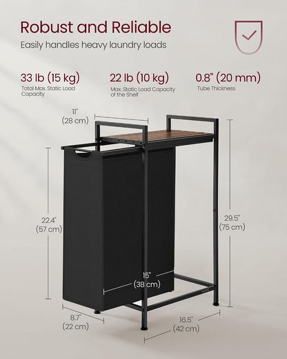 VASAGLE Laundry Sorter, 29 Gal. (110 L) Laundry Hamper Basket with 2 Compartments, Rolling Cart with Wheels, Shelf, Removable Bags, Pockets, Ink Black and Rustic Brown UBLH021B01